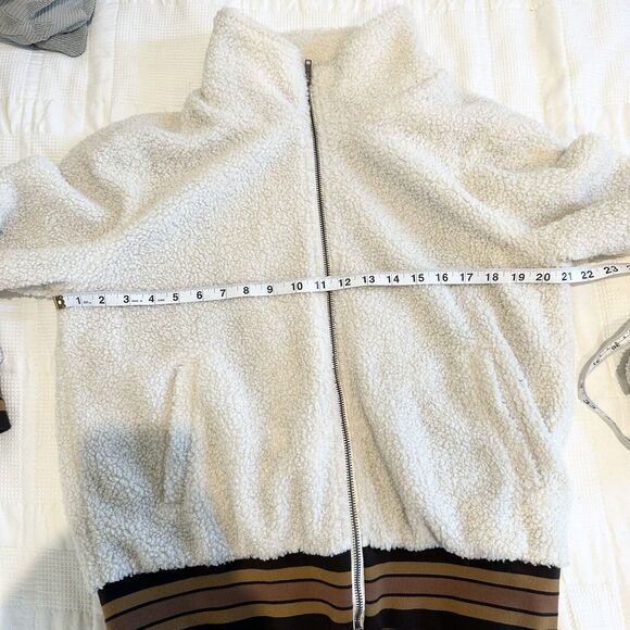 Mystree Jacket Womens Large Cream Brown Sherpa Teddy Bomber Stripe Faux Sherling - Picture 14 of 16